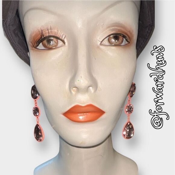 Pink Powdered Metal Dangle Bling Earrings with Faceted Pink Glass Rhinestones - Picture 3 of 10